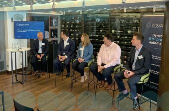 Howard Wimpory, Rob Drewienkiewicz, Delphine Masquelier, Simon Hornibrook and Alister Coates sit in a panel formation at an event in London