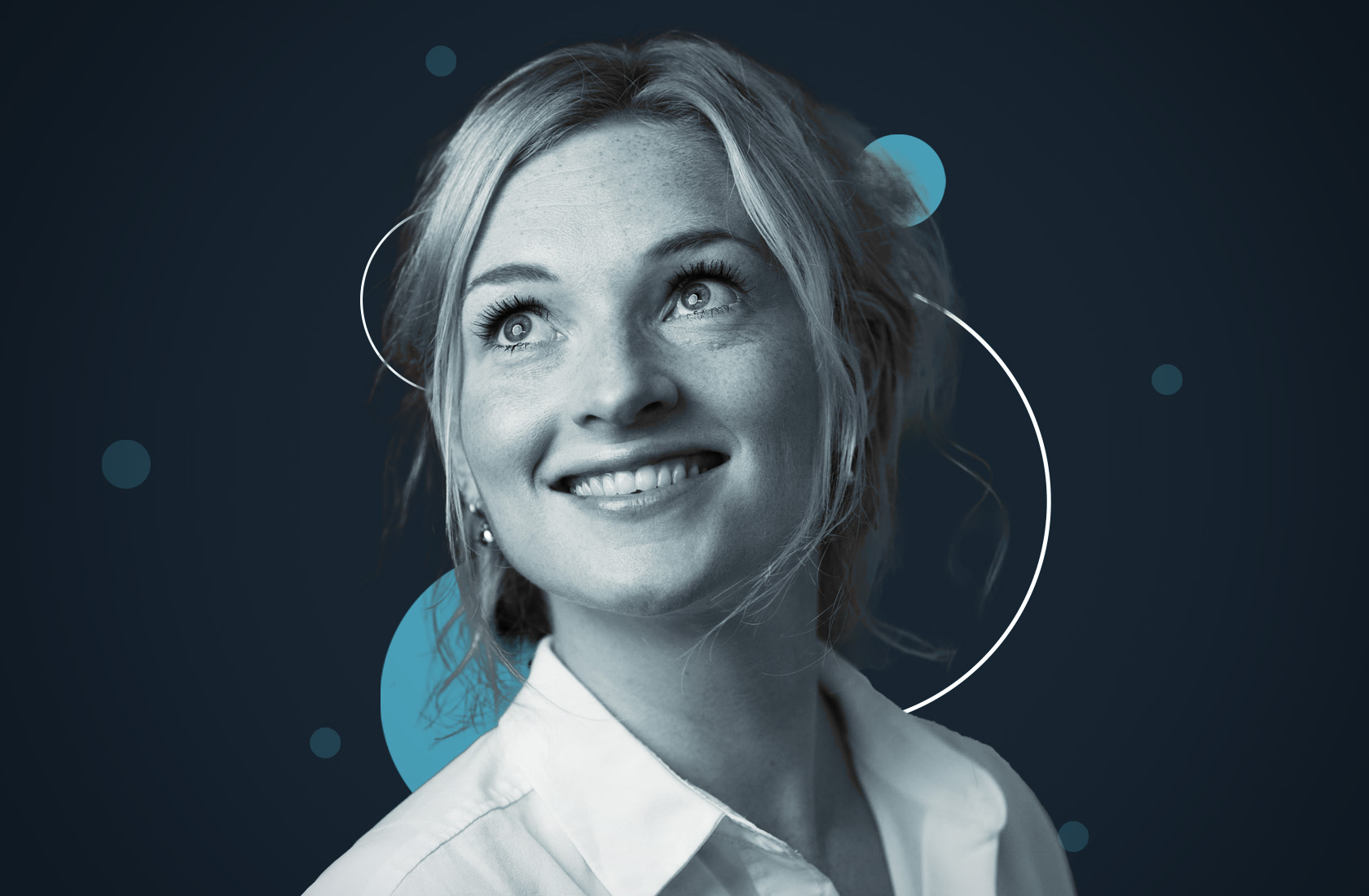 Stylized portrait of Loes Bomans, Product Manager at Encompass. She has curly blonde hair tied back, and wears a white collared shirt. She is looking off to the left of the camera. The image is black and white with circle graphics around her. Blog Loes Bomans unveils the future of KYC