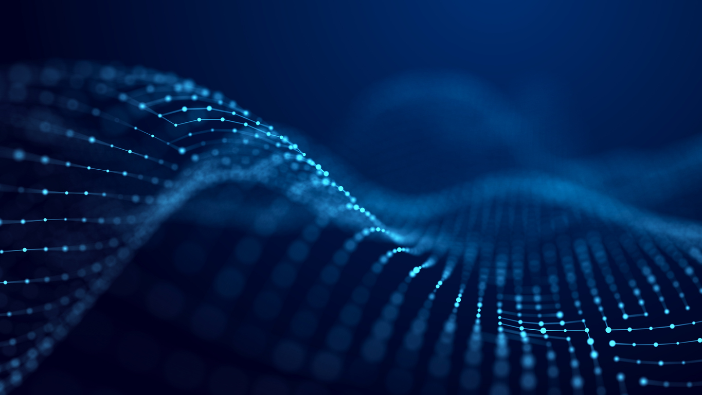Futuristic wave. Network connection structure in cyberspace. 3D rendering.